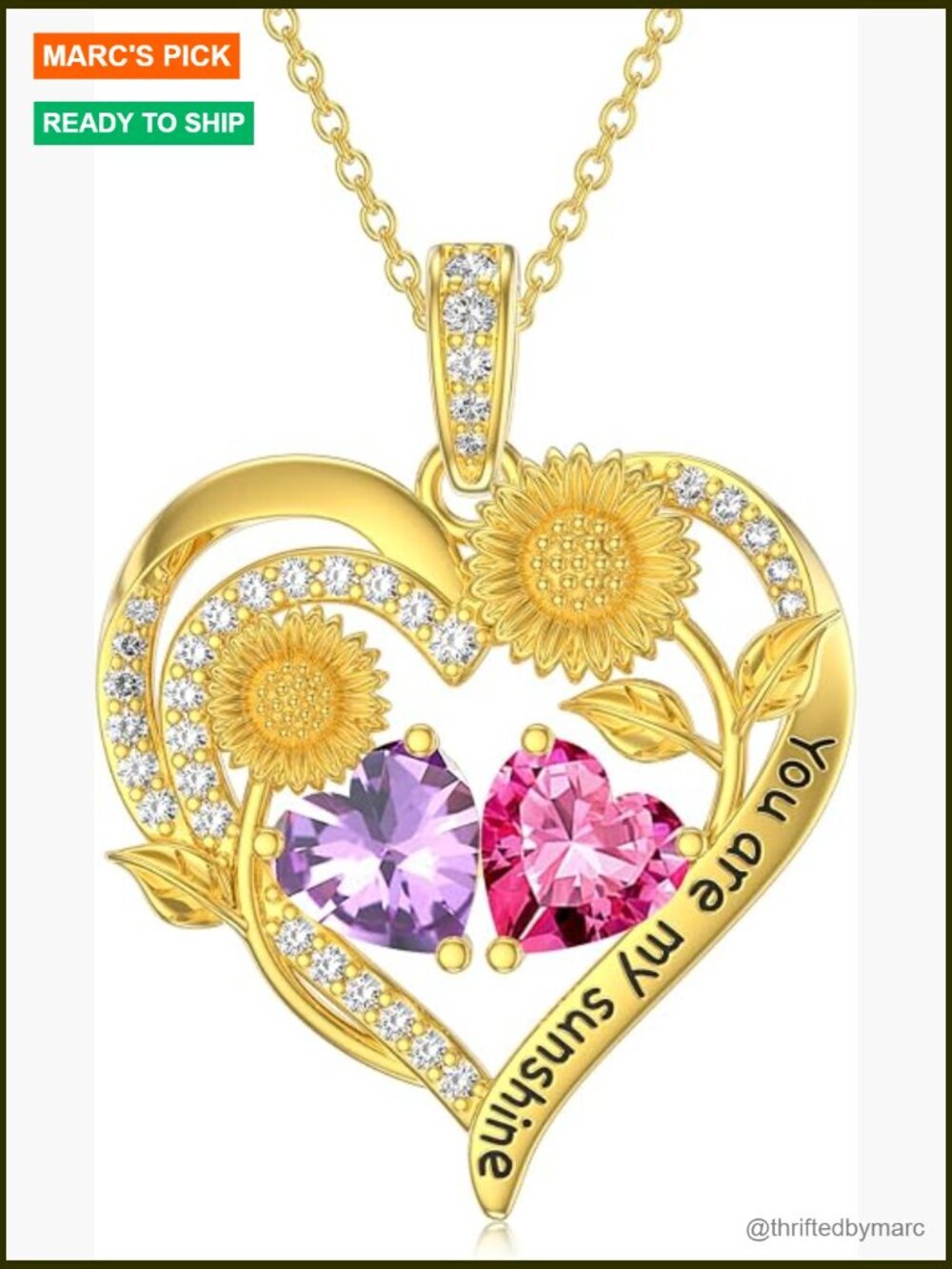 Double Birthstone Necklace 14K Gold Plated Sunflower Heart Pendant for Women